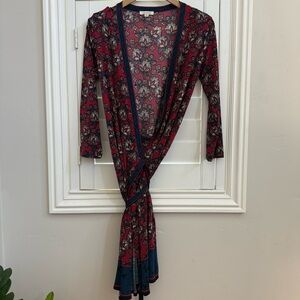 3/$10 🛒🛍️ Max Studio Maroon Burgundy Red & Blue Floral Wrap Dress - Size Small